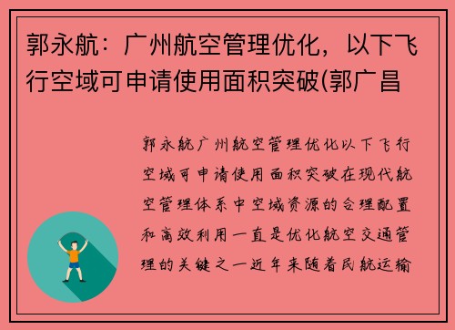 郭永航：广州航空管理优化，以下飞行空域可申请使用面积突破(郭广昌 航空)